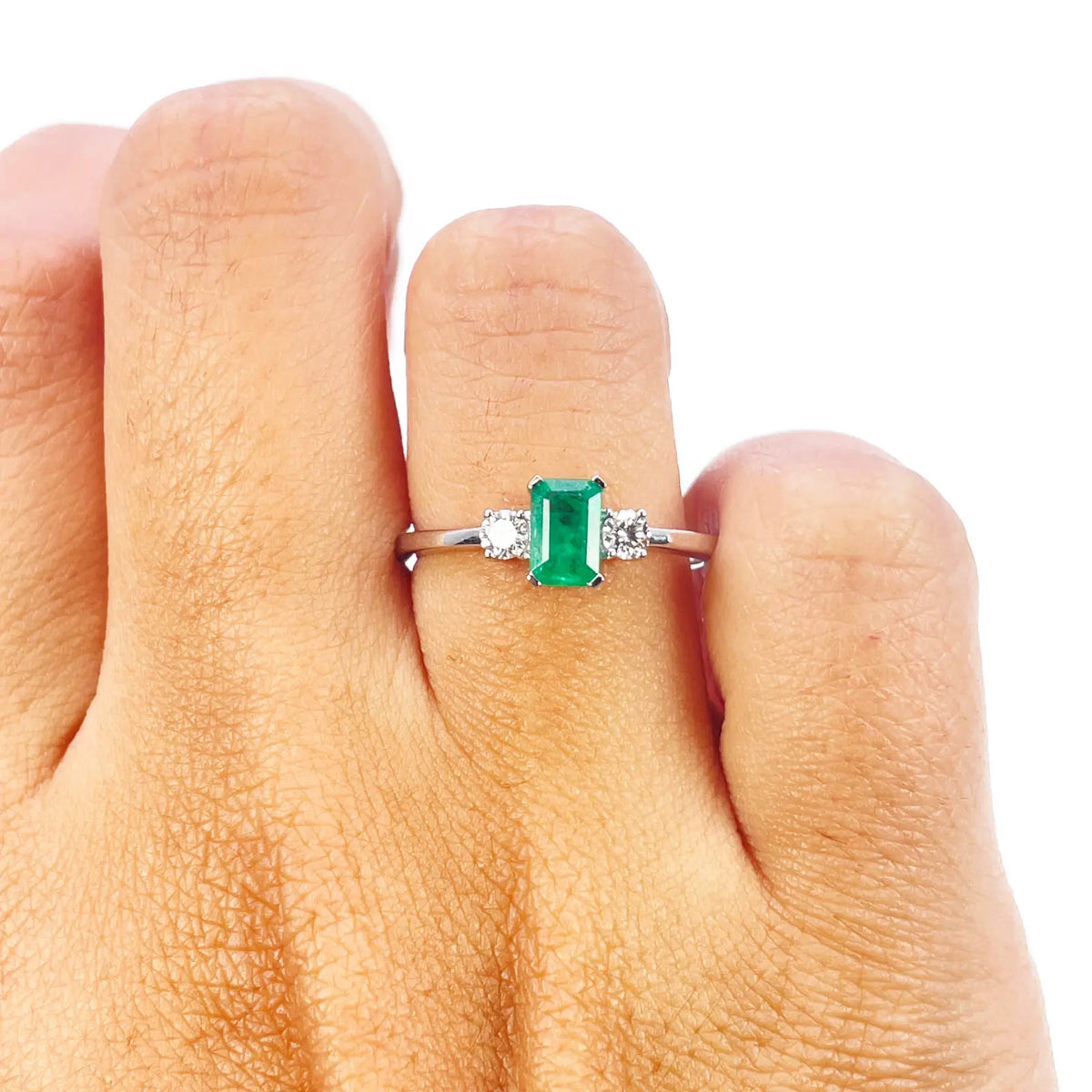 18ct Gold Emerald Diamond Ring Natural Round & Emerald Cut Three-Stone 0.70ct Diamond Ring