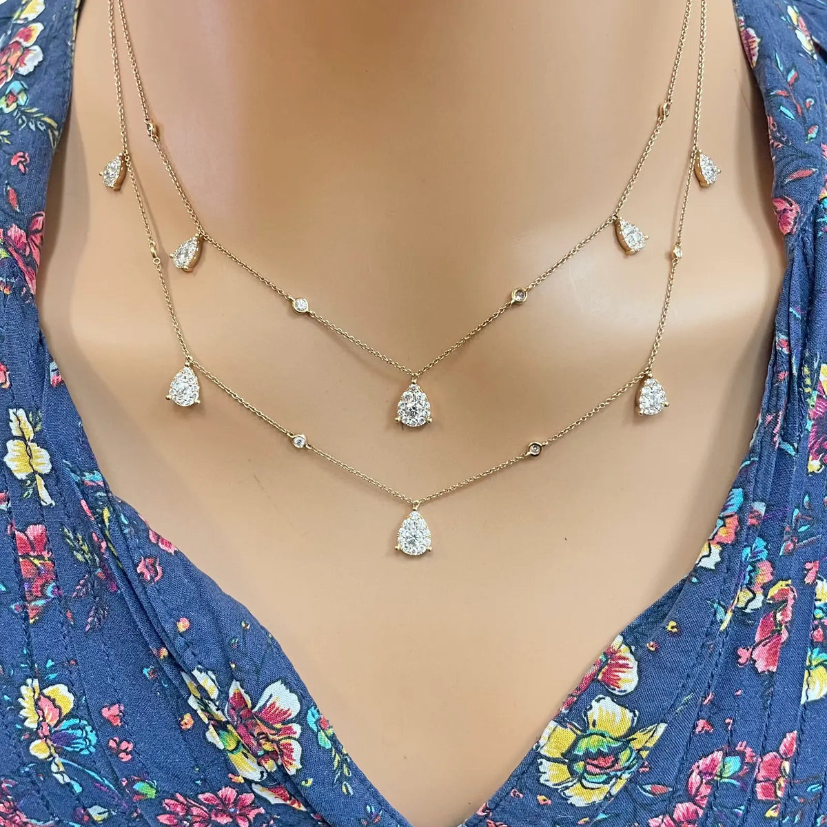 18ct Rose Gold Layered Necklace With Bezel & Claw Set Natural Round Diamonds 2.74ct
