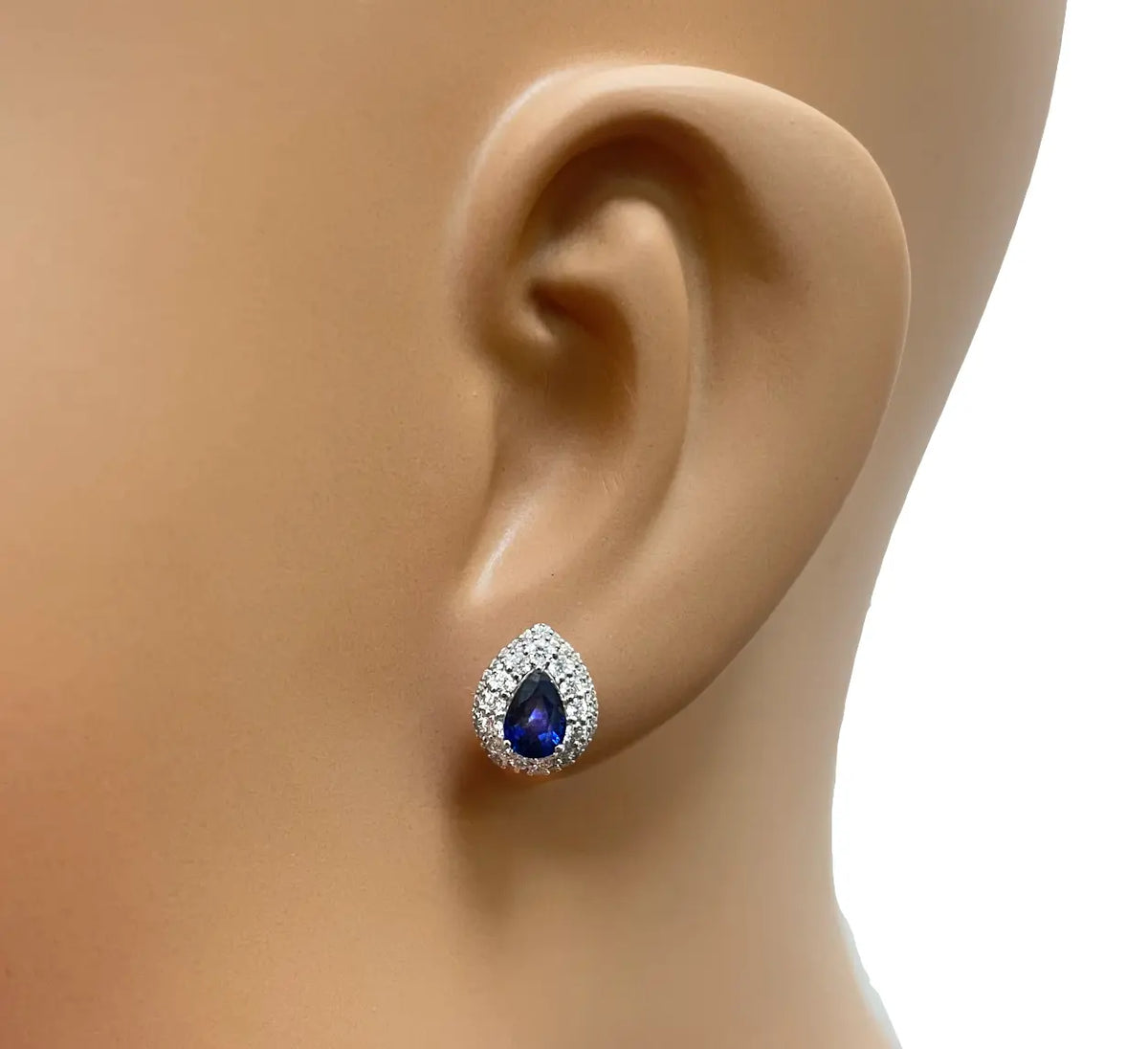 18ct White Gold Double Row Halo Diamond & Blue Sapphire Pear Shape Earring 0.46ct Diamond earring
