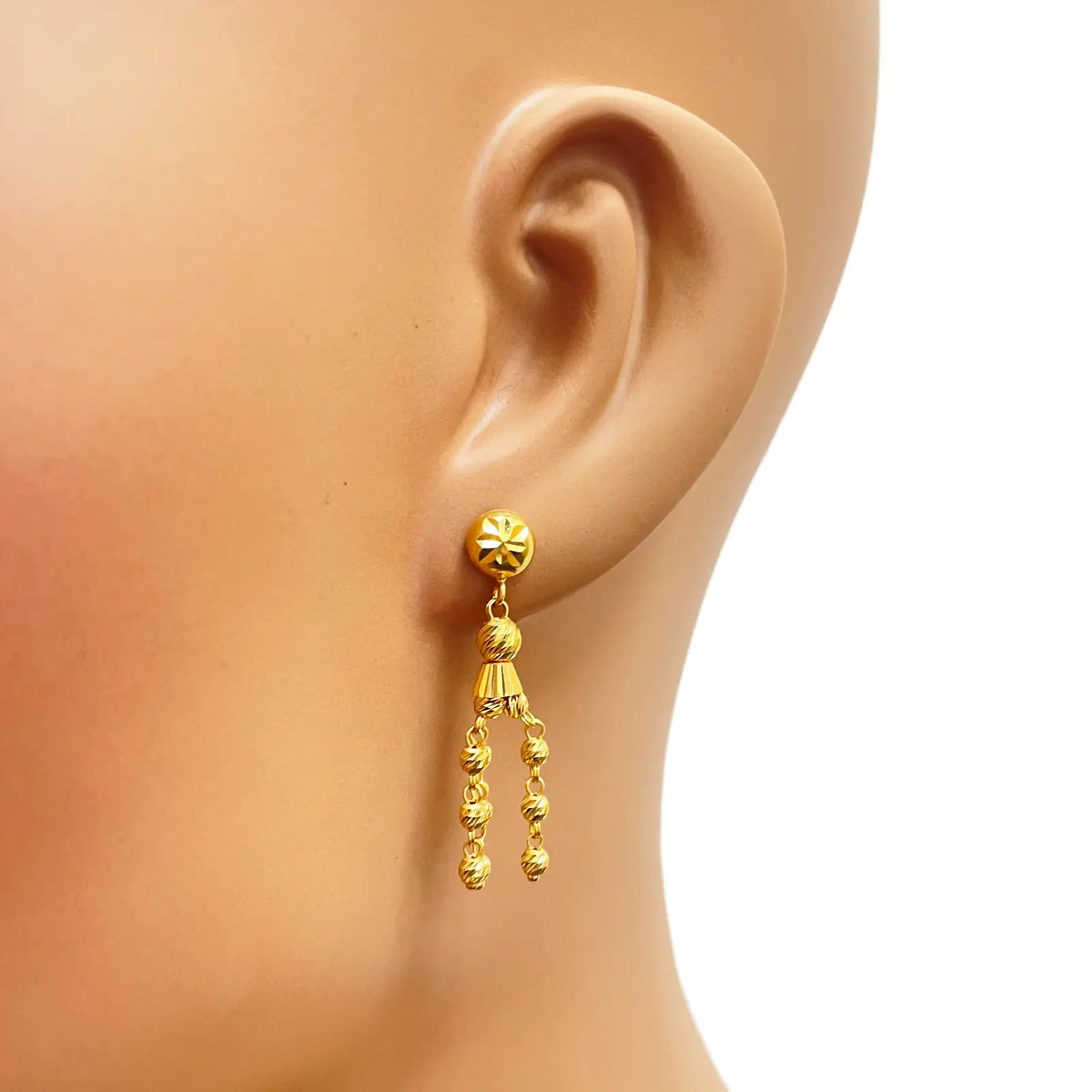 22ct Gold Beaded Tassel Necklace & Earring Sparkly Diamond Cut Beads 18 Inches 