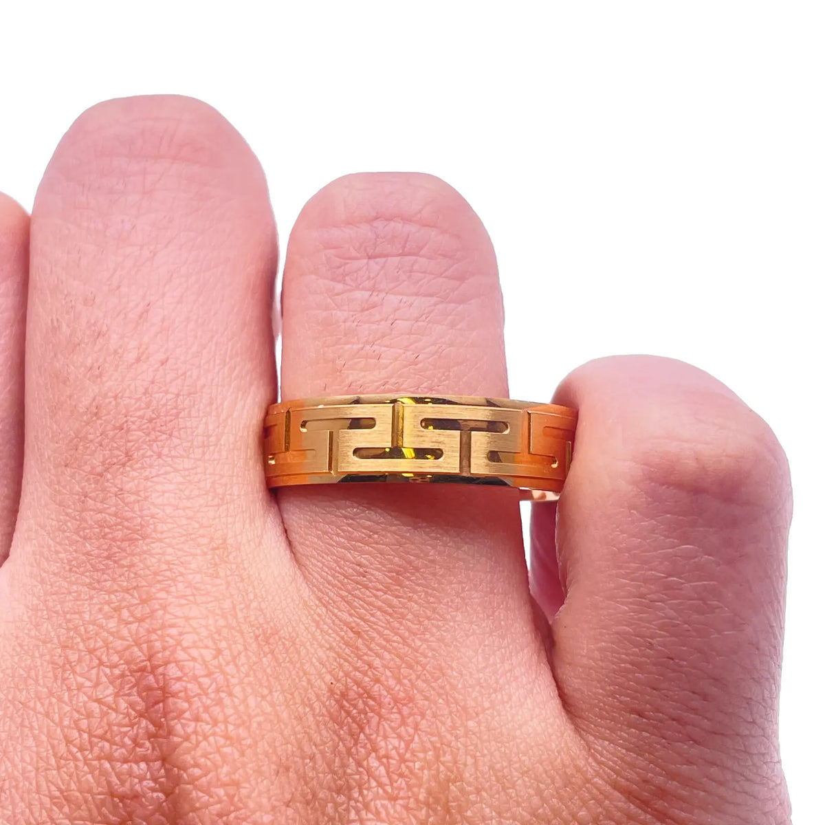18ct Yellow Gold Mens Wedding 6mm Polished Band With Matt Greek Key Pattern