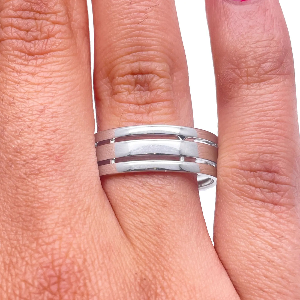 Mens Platinum 7mm Unique Polished 3 Row Cut Out Wedding Band Heavy Weight Platinum Ring