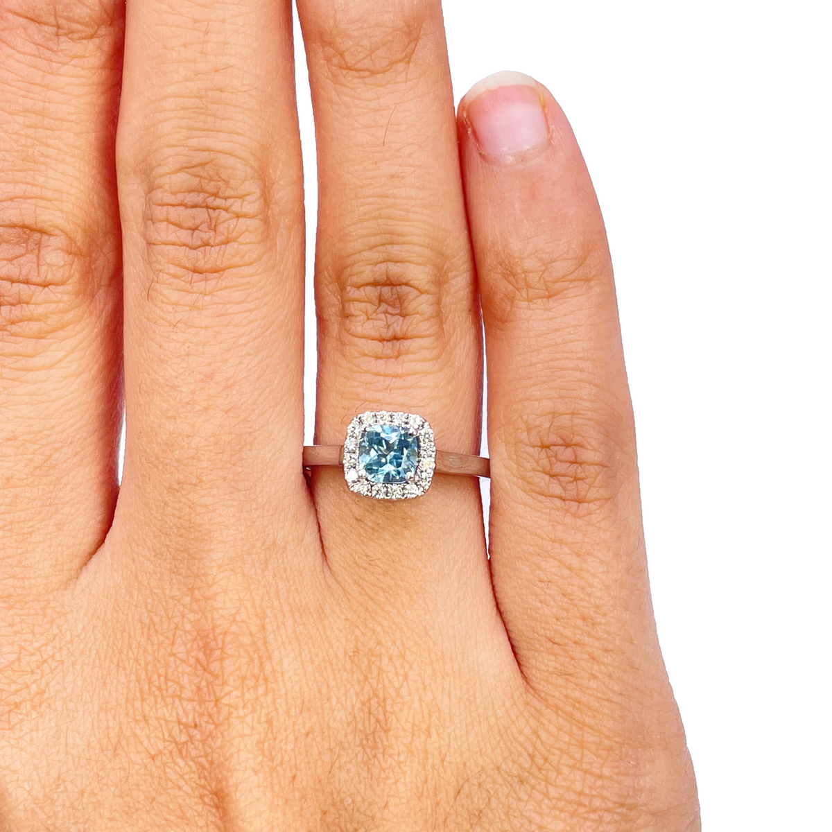 18ct White Gold Aquamarine & Diamond Halo Cluster Cushion Ring 0.70ct
