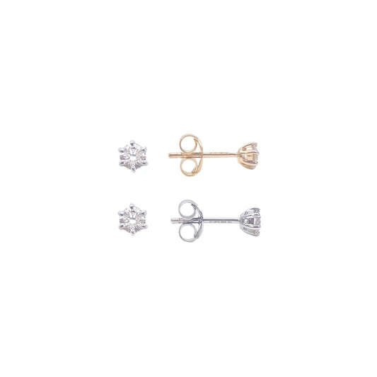 14ct Gold Natural Round Diamond Stud Earrings 0.20ct 6 Claw 3.3mm Wide 