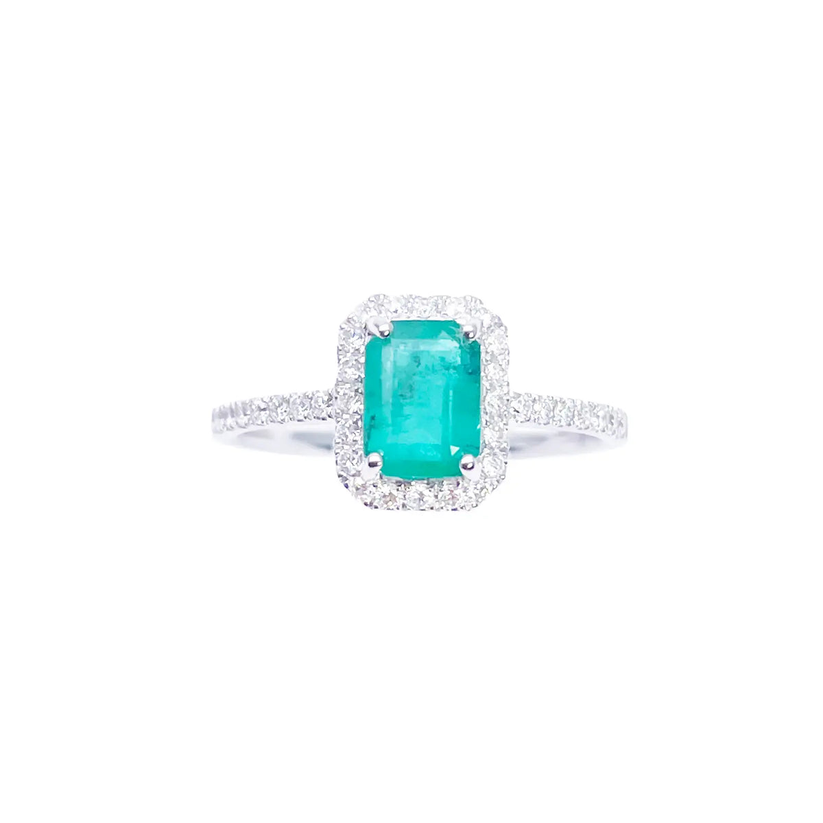 14ct White Gold 4-Claw Natural Emerald & Round Diamond Ring 1.15ct  Diamond Ring