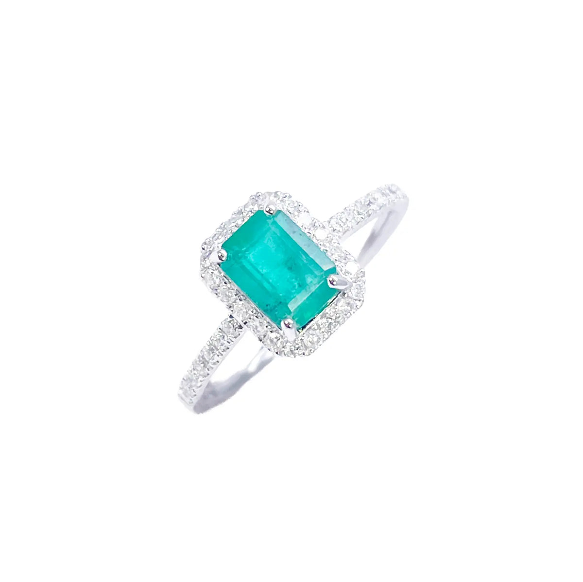 14ct White Gold 4-Claw Natural Emerald & Round Diamond Ring 1.15ct  Diamond Ring