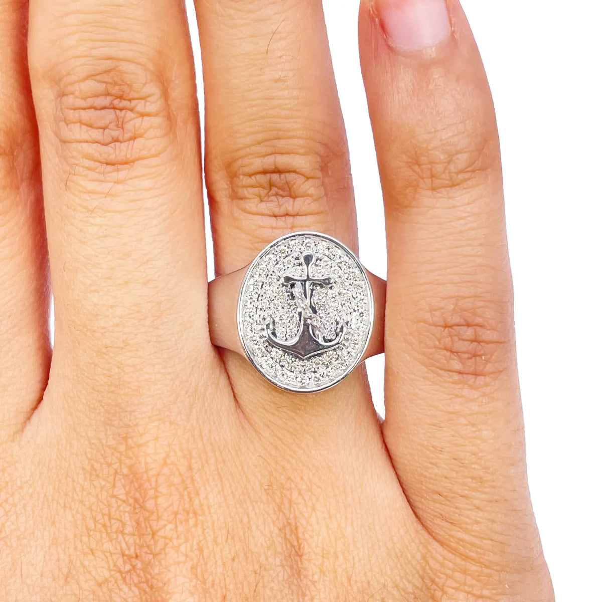 14ct White Gold Diamond Anchor Sailor Cluster Signet Ring 0.37ct  Diamond Ring