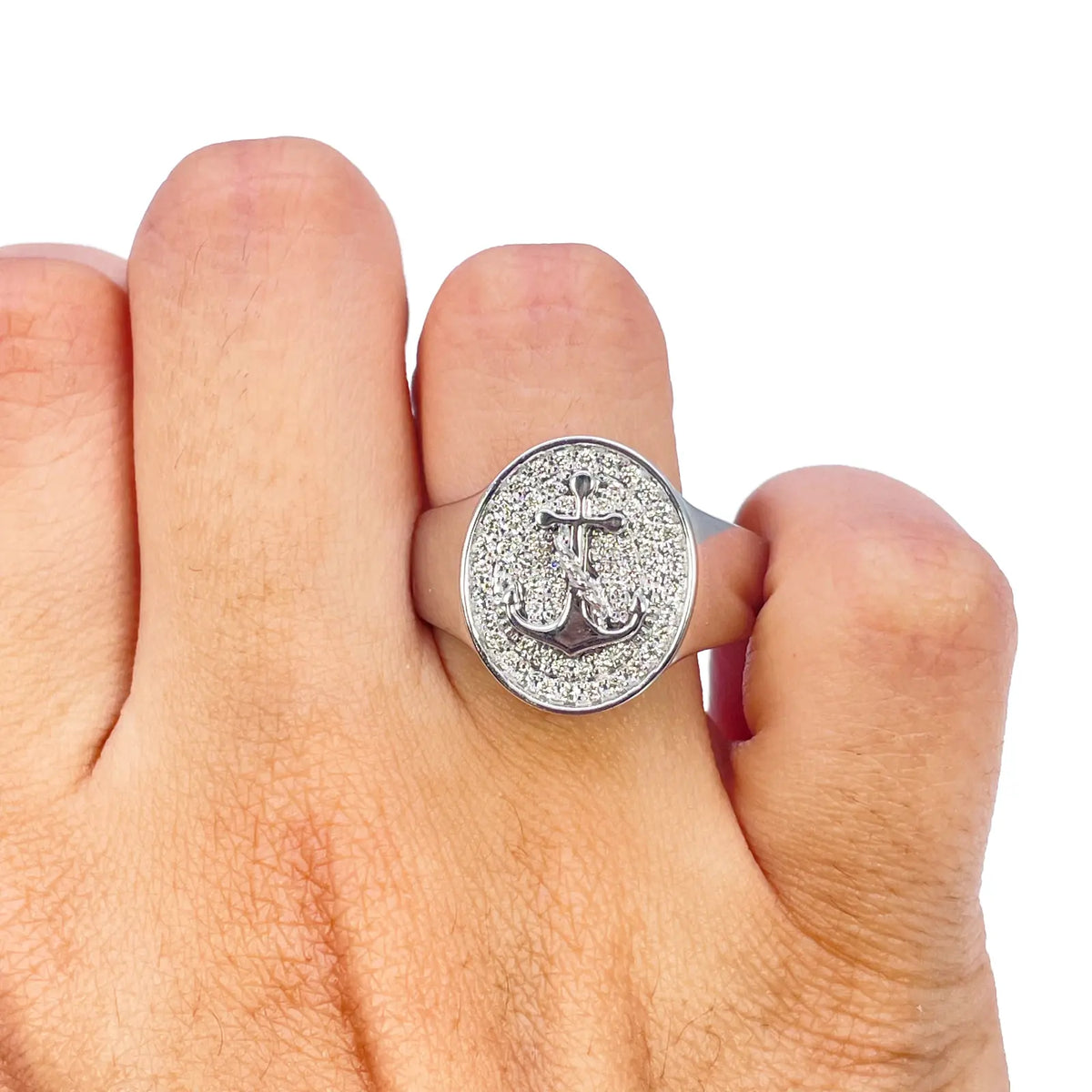 14ct White Gold Diamond Anchor Sailor Cluster Signet Ring 0.37ct  Diamond Ring