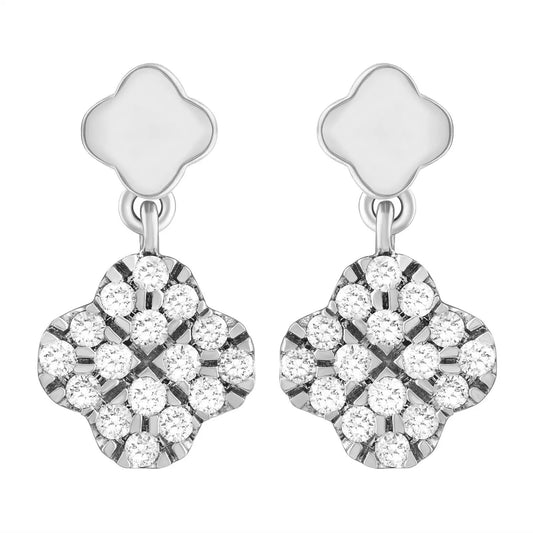 14ct White Gold Diamond Clover Drop Cluster Stud Earrings 0.21ct 