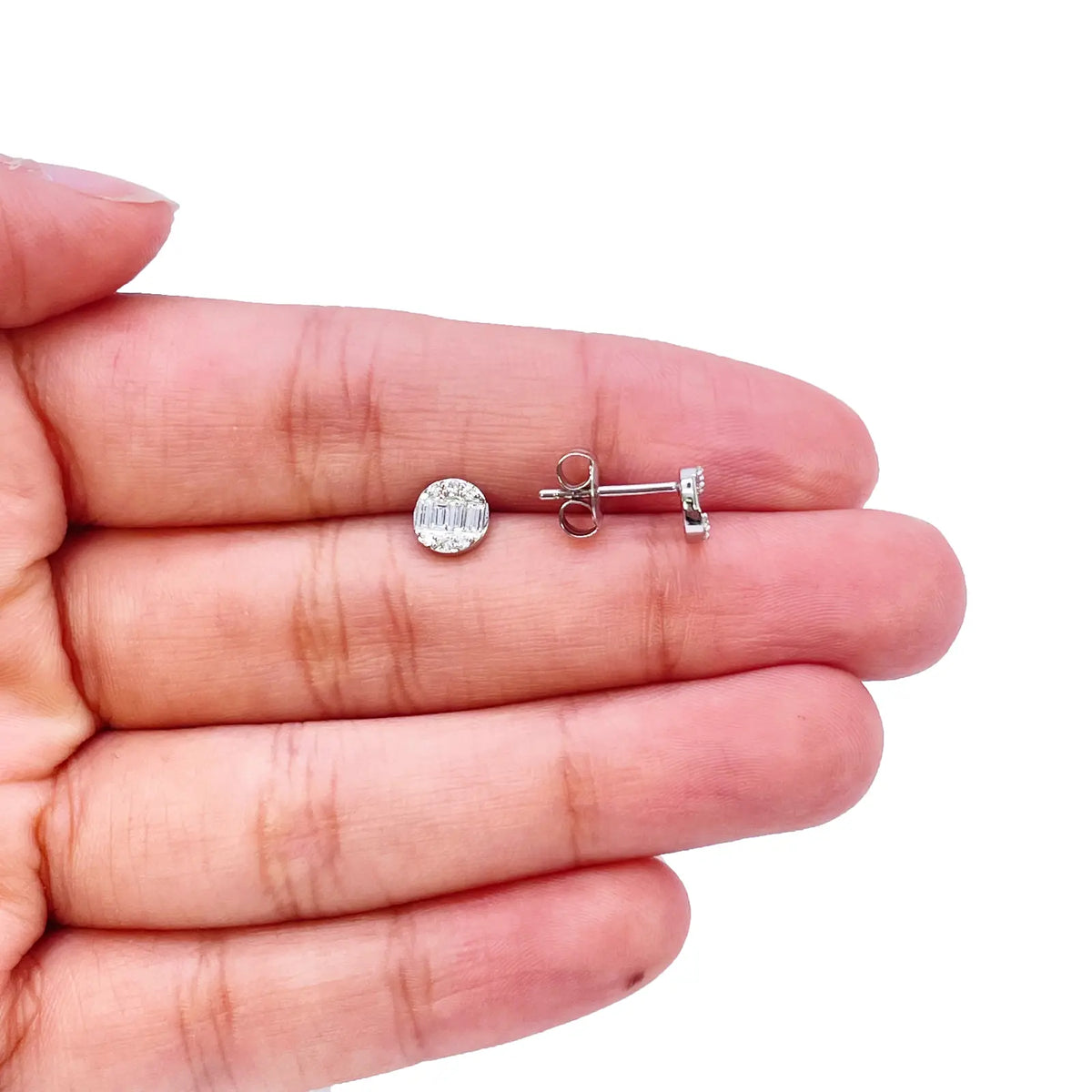 14ct White Gold Natural Diamond Round & Baguette Stud Earrings 0.32ct 