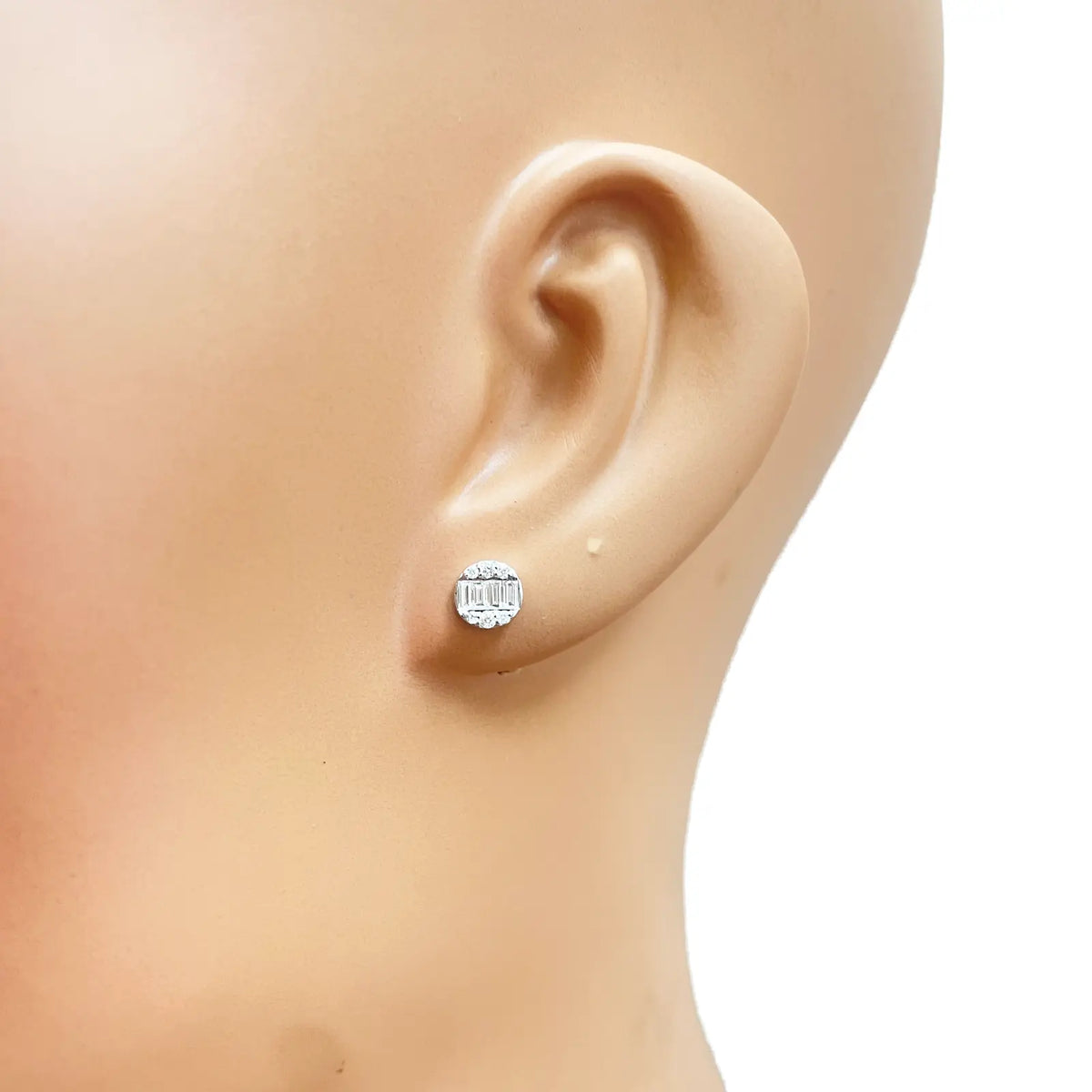 14ct White Gold Natural Diamond Round & Baguette Stud Earrings 0.32ct 