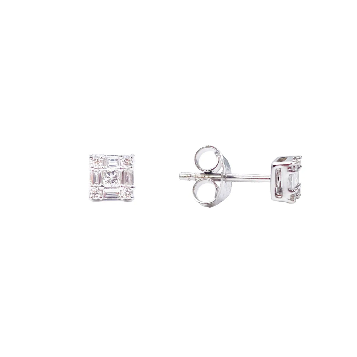 14ct White Gold Round & Baguette & Square Shaped Diamond Studs Earrings 0.20ct 