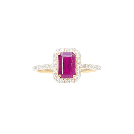 14ct Yellow Gold 4-Claw Natural Emerald Cut Ruby & Round Diamond Ring 1.44ct  Diamond Ring