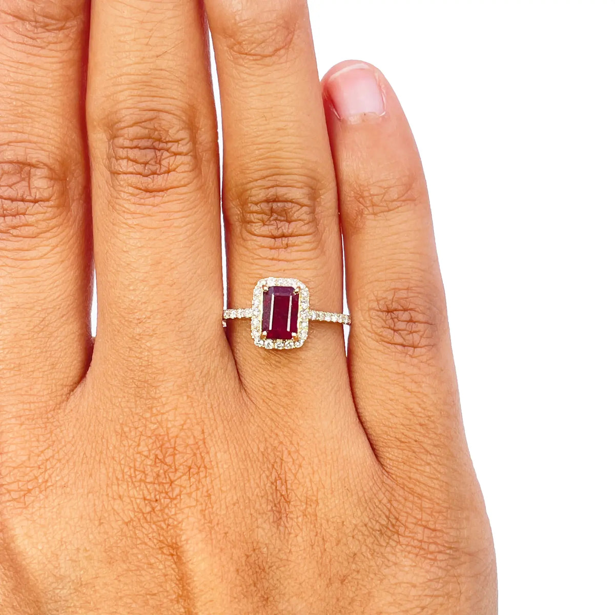 14ct Yellow Gold 4-Claw Natural Emerald Cut Ruby & Round Diamond Ring 1.44ct  Diamond Ring