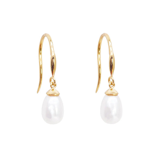 14ct Yellow Gold Beautiful Ladies Pear Freshwater Pearl Hook Wire Drop Earrings 