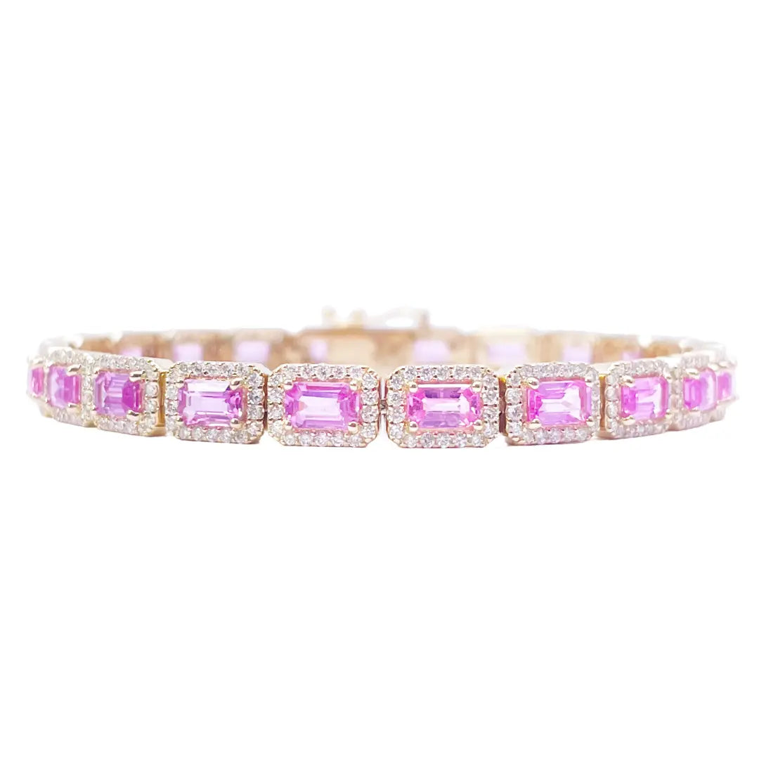 14ct Yellow Gold Diamond & Pink Sapphire Rectangular Halo Tennis Bracelet 9.10ct  Diamond Bracelets