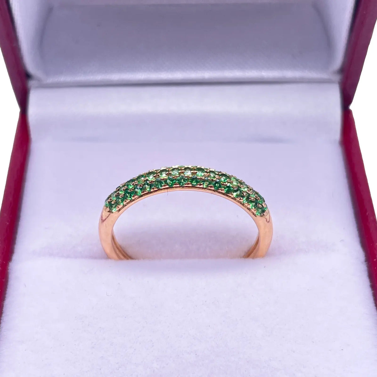 14ct Yellow Gold Green Tsavorite 3 Row Dome Shaped Pave Set Ring 0.38ct 