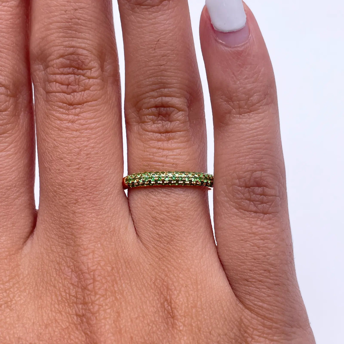 14ct Yellow Gold Green Tsavorite 3 Row Dome Shaped Pave Set Ring 0.38ct 