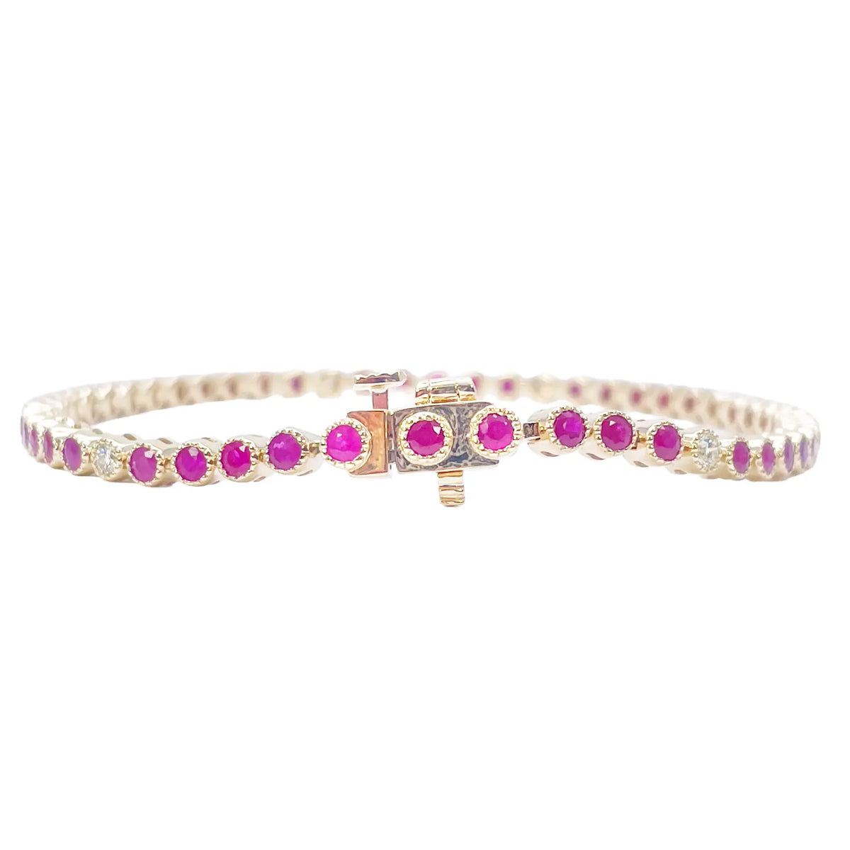 14ct Yellow Gold Natural Round Ruby Tennis Milgrain Bezel Bracelet 3.15ct 7 Inches  Diamond Bracelets