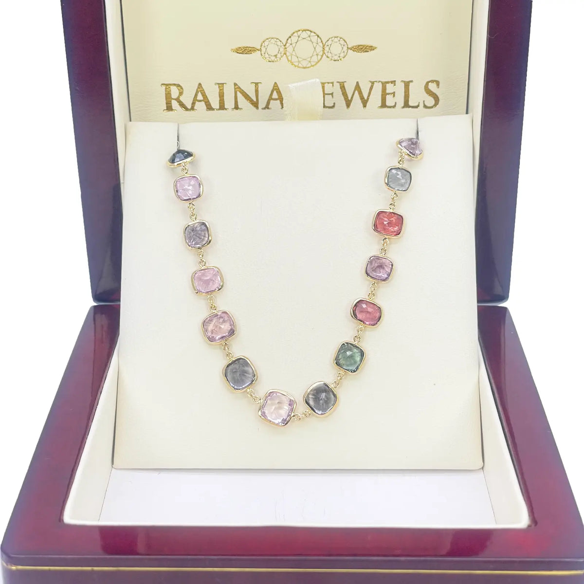 14ct Yellow Gold Spinel Gemstone Rubover Set Chain Necklace 19''inch 43.49ct 