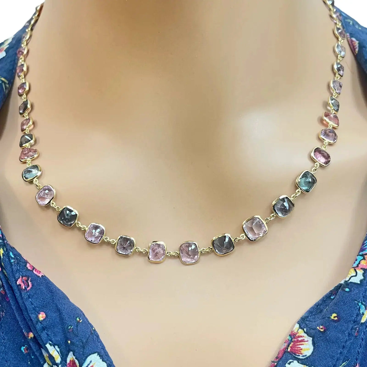 14ct Yellow Gold Spinel Gemstone Rubover Set Chain Necklace 19''inch 43.49ct 