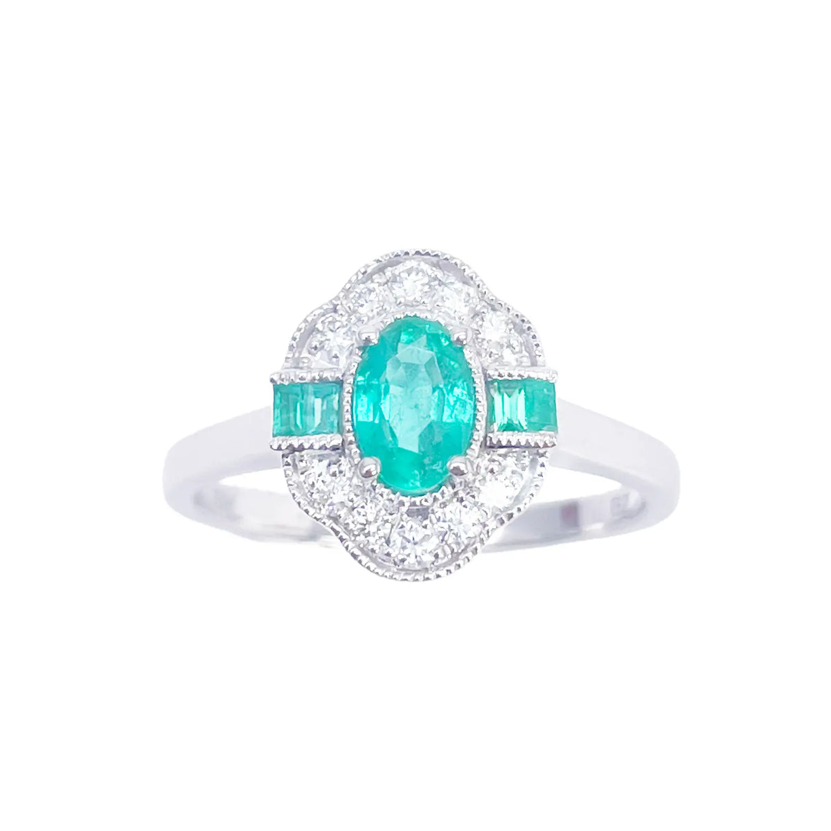 18ct Gold Natural Emerald Diamond Ring Round, Baguette & Oval Cut 0.66ct  Diamond Ring