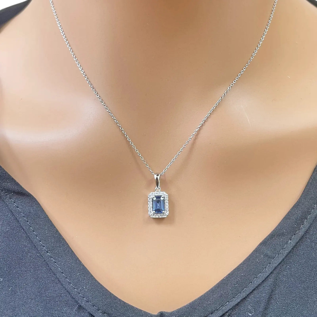 18ct Gold Natural Round Diamond & Sapphire Emerald Cut Halo Necklace 0.75ct 