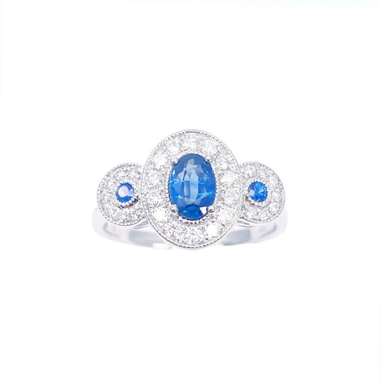 18ct Gold Natural Sapphire Diamond Halo Ring Round & Oval Cut 0.95ct  Diamond Ring