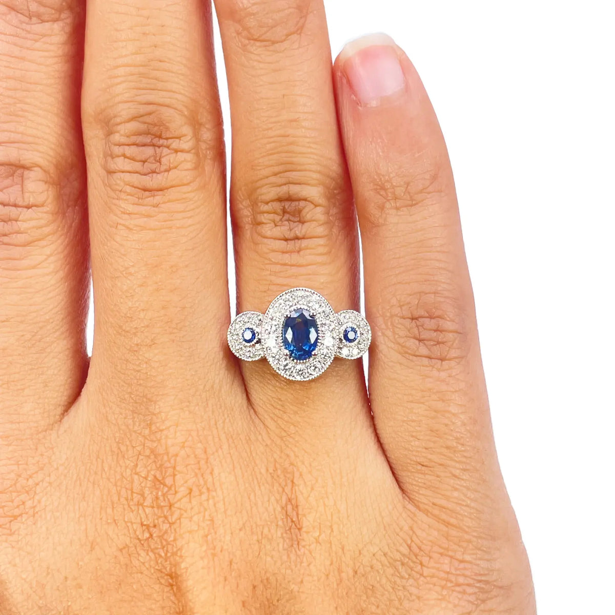 18ct Gold Natural Sapphire Diamond Halo Ring Round & Oval Cut 0.95ct  Diamond Ring