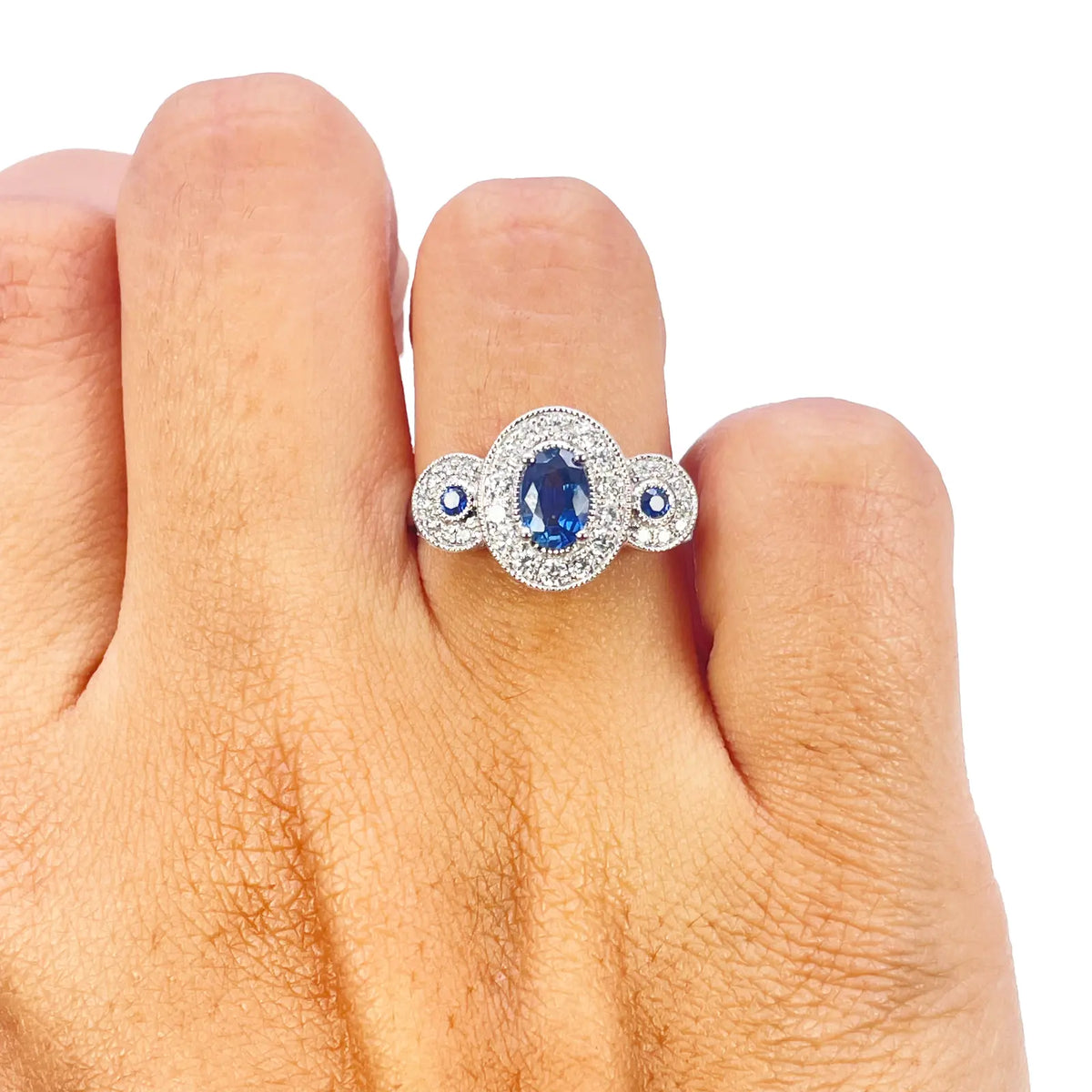 18ct Gold Natural Sapphire Diamond Halo Ring Round & Oval Cut 0.95ct  Diamond Ring
