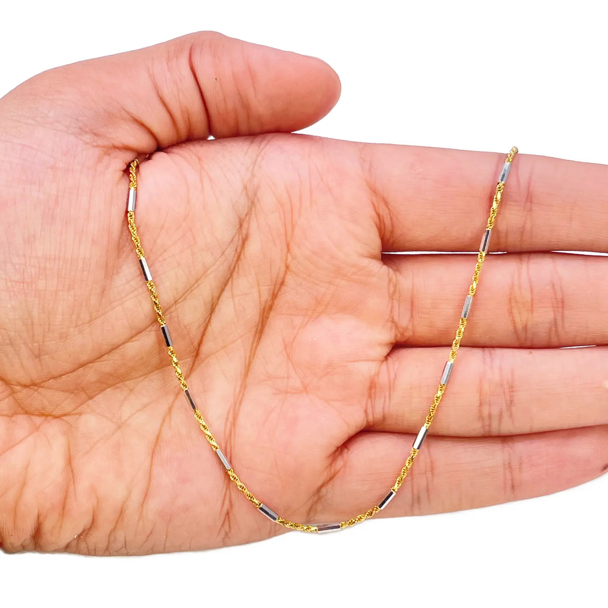 18ct Gold Rope Chain Two-Tone Bar Link Necklace 16 Inches 1.3mm Width 