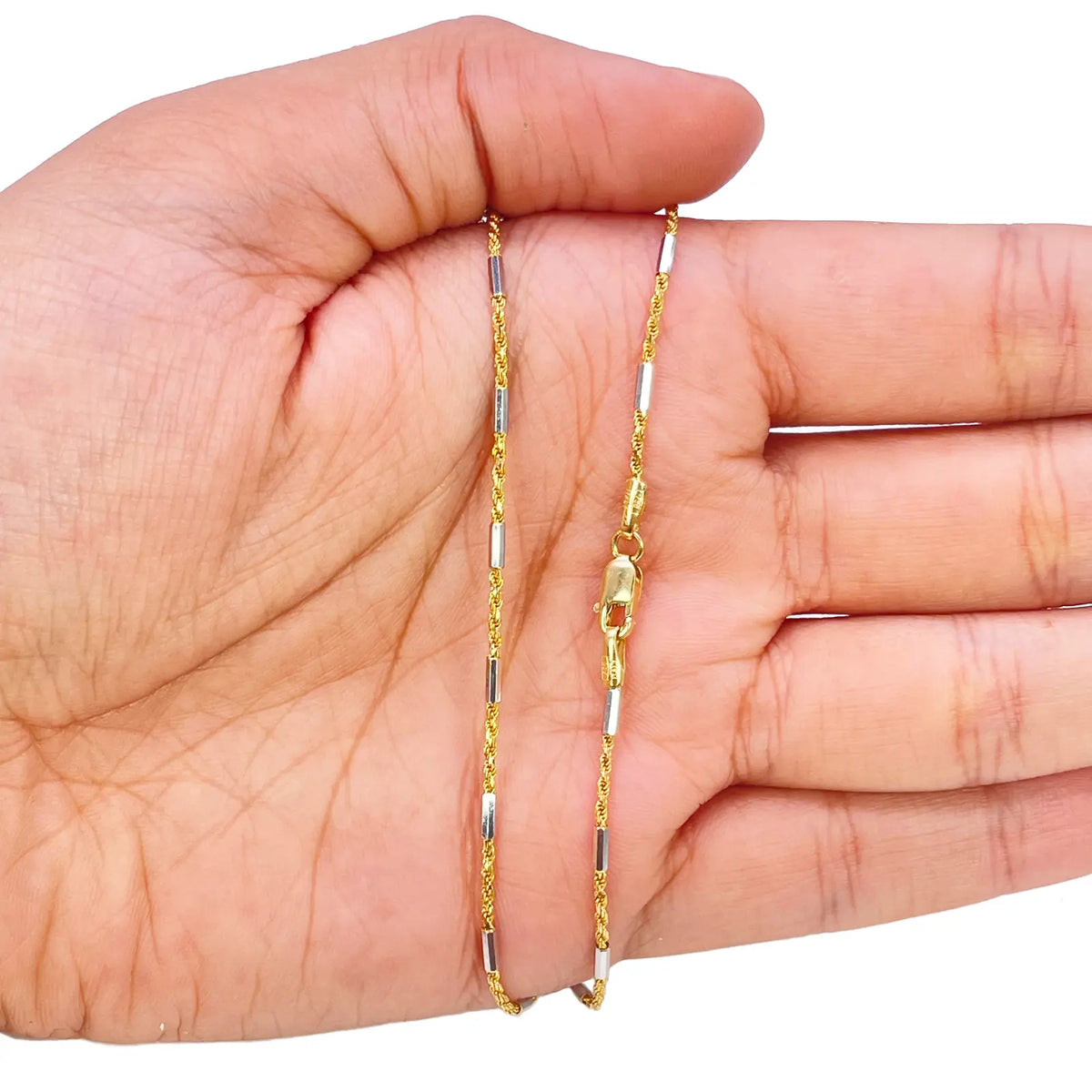 18ct Gold Rope Chain Two-Tone Bar Link Necklace 16 Inches 1.3mm Width 