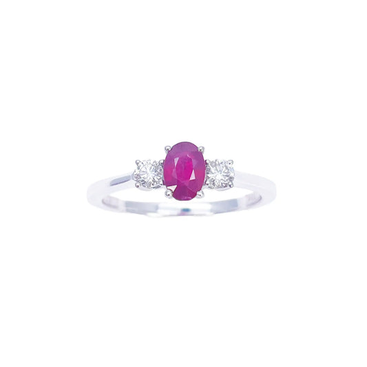 18ct Gold Ruby Diamond Ring Natural Round & Oval Cut Three-Stone 0.80ct  Diamond Ring