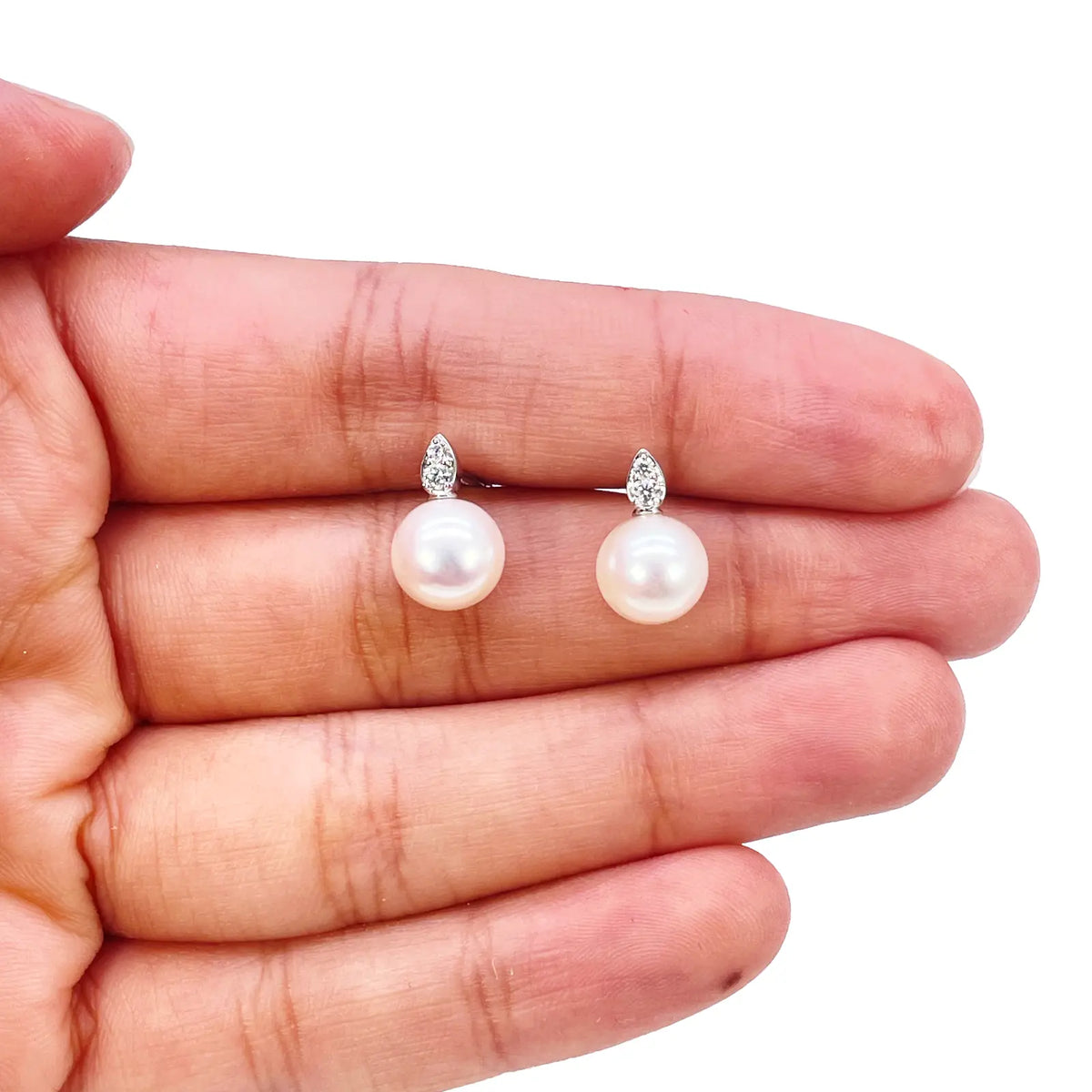 18ct White Gold Freshwater Pearl & Diamond Drop Pair Earrings 0.07ct 