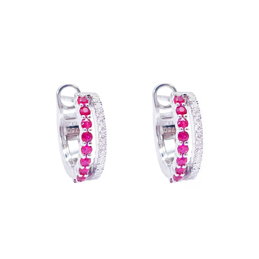 18ct White Gold Natural Diamond & Ruby 0.36ct Hoop Huggies Earrings 9mm Diameter 