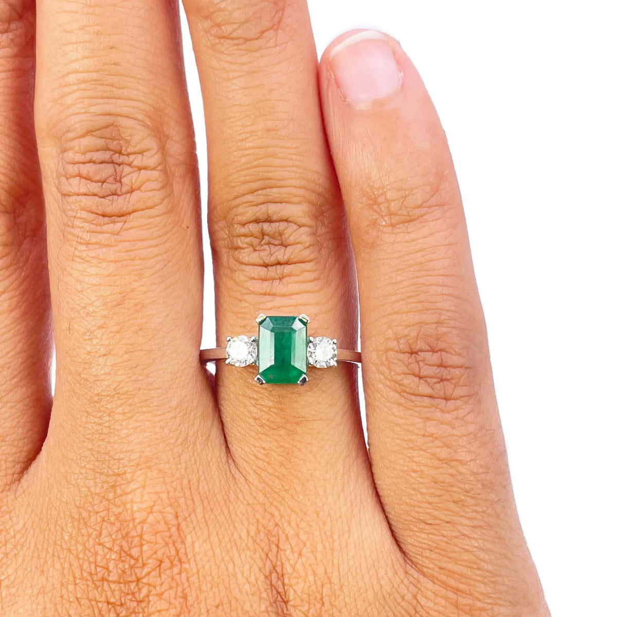 18ct White Gold Natural Emerald Cut Emerald & Round Diamond Trilogy Ring 1.28ct  Diamond Ring