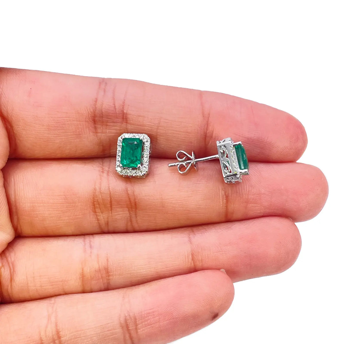 18ct White Gold Natural Emerald Diamond Round & Emerald Cut Stud Earrings 1.60ct 