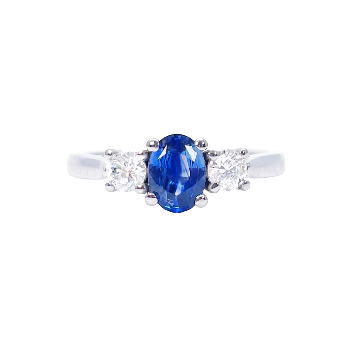 18ct White Gold Natural Oval Blue Sapphire & Round Diamond Trilogy Ring  Diamond Ring