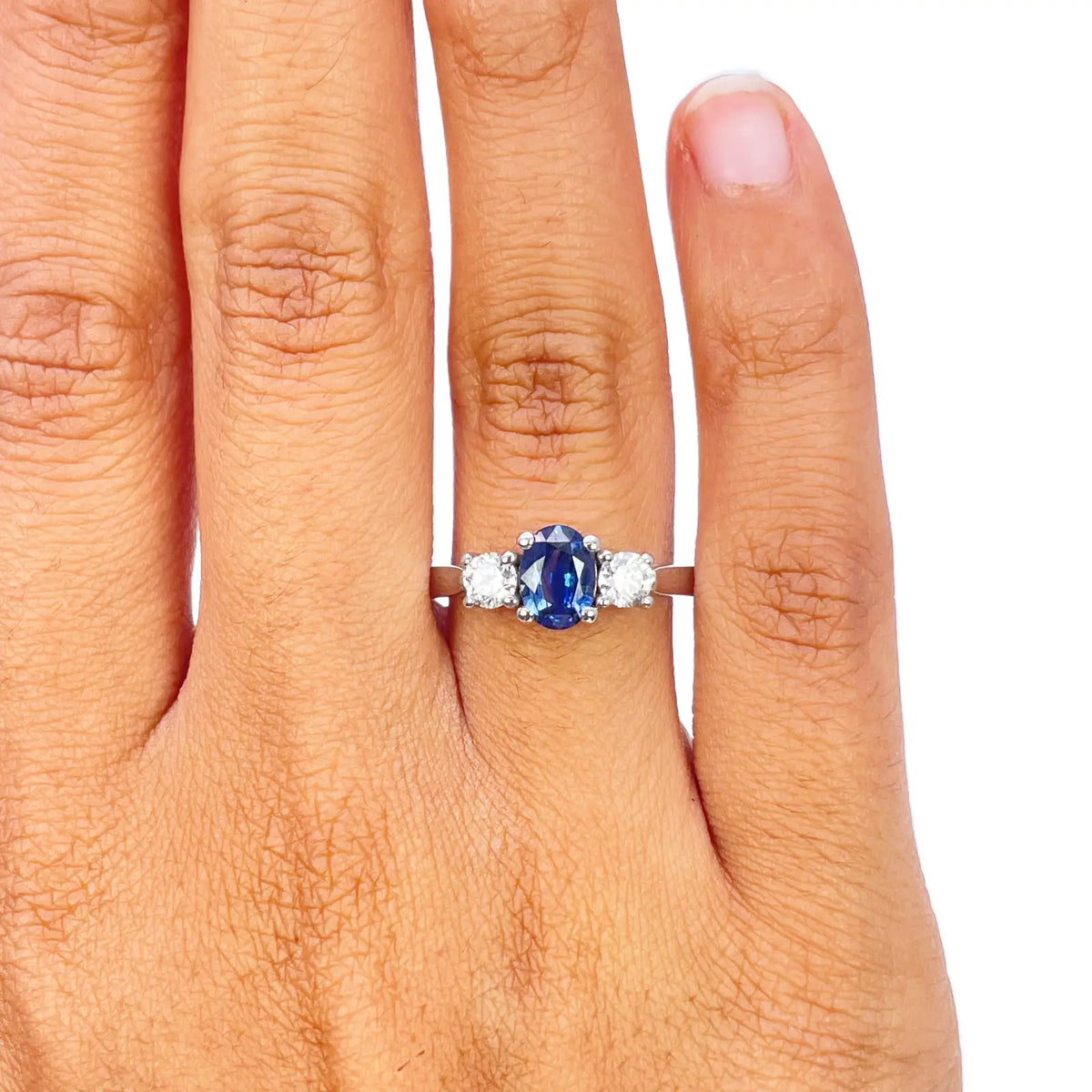18ct White Gold Natural Oval Blue Sapphire & Round Diamond Trilogy Ring  Diamond Ring