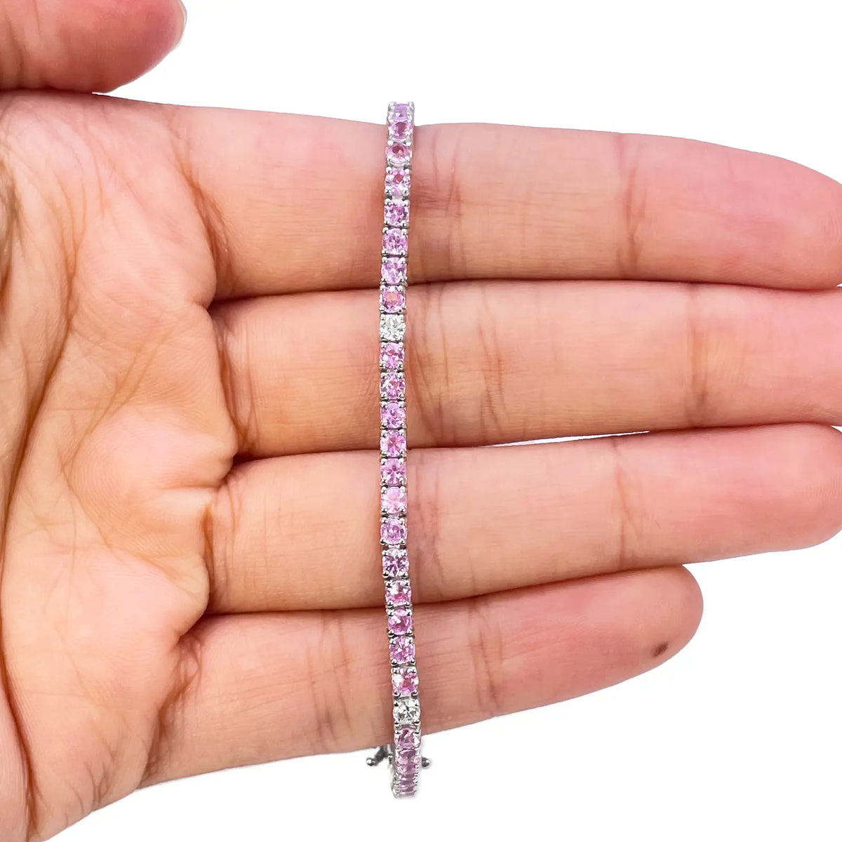 18ct White Gold Natural Round Pink Sapphire & Diamond Tennis Bracelet 4.35ct  Diamond Bracelets