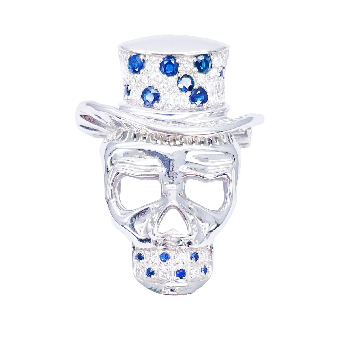 18ct White Gold Natural Round Sapphire & Diamond Skull Brooch Pin 1.45ct  Diamond Ring