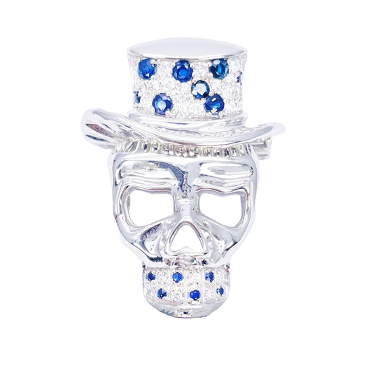18ct White Gold Natural Round Sapphire & Diamond Skull Brooch Pin 1.45ct  Diamond Ring