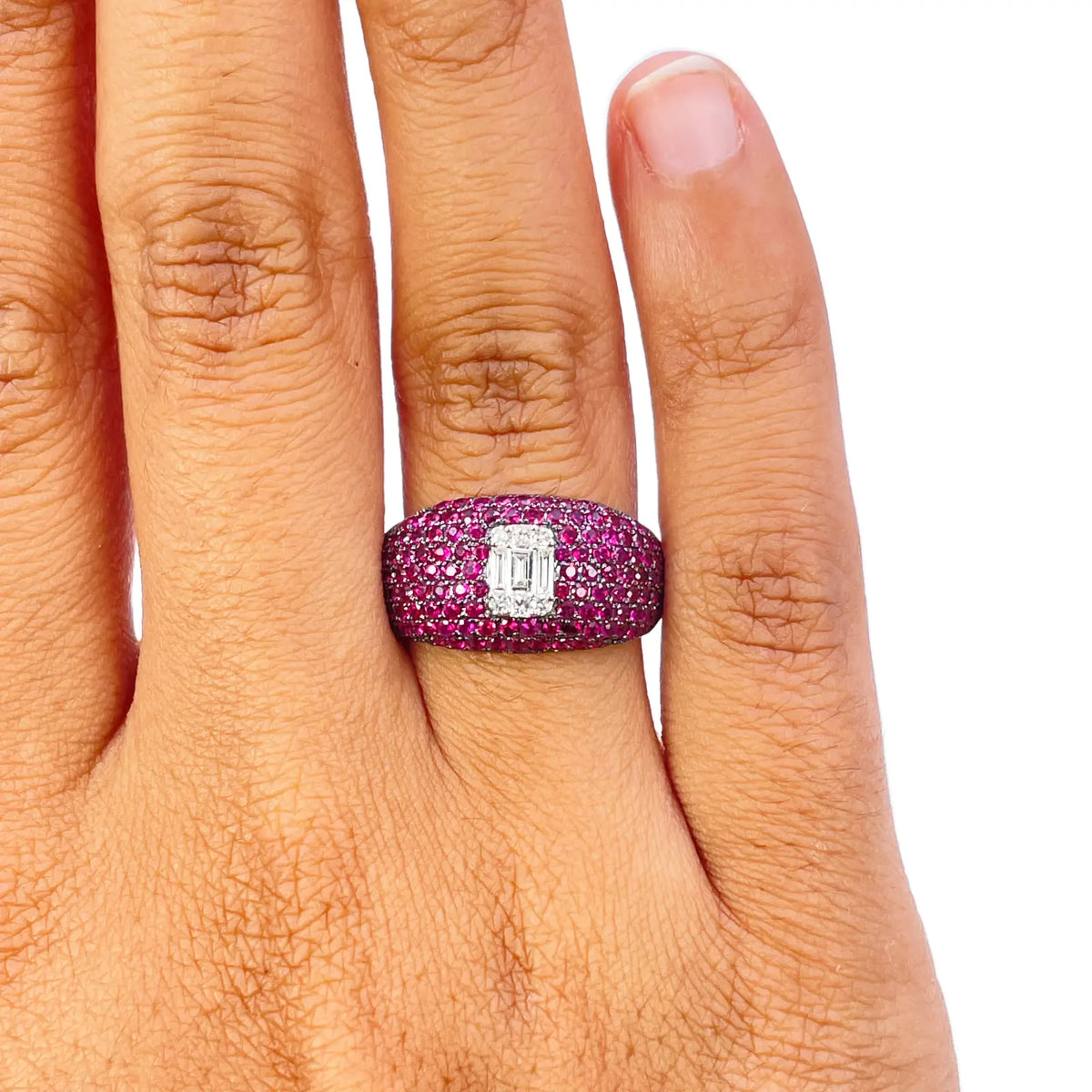 18ct White Gold Natural Ruby Baguette Diamond Cluster Cocktail Dome Ring 1.45ct  Diamond Ring