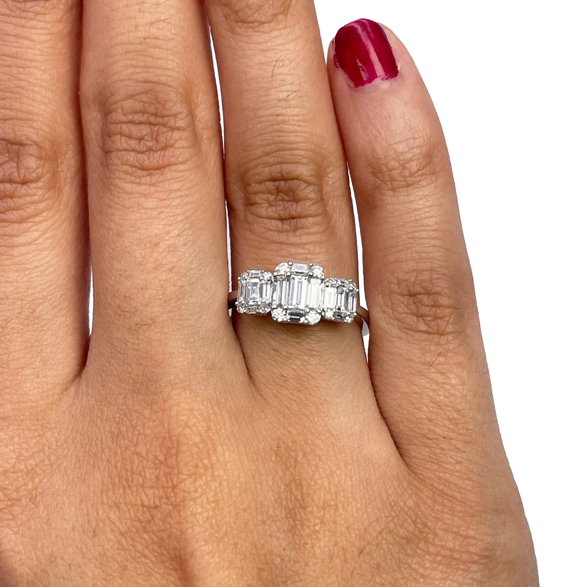 18ct White Gold Round Diamond & Baguette Trilogy Ring 0.98ct  Diamond Ring
