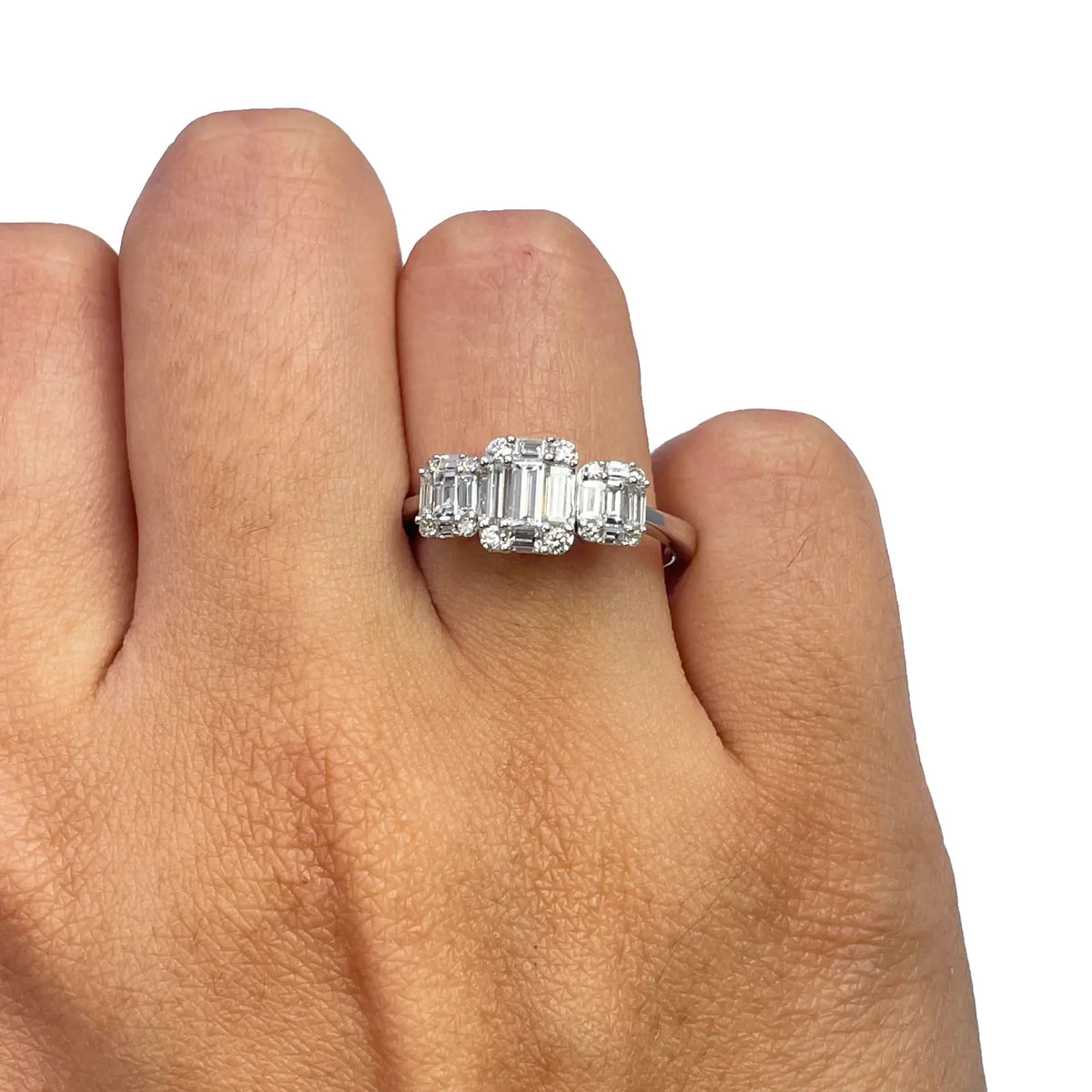 18ct White Gold Round Diamond & Baguette Trilogy Ring 0.98ct  Diamond Ring