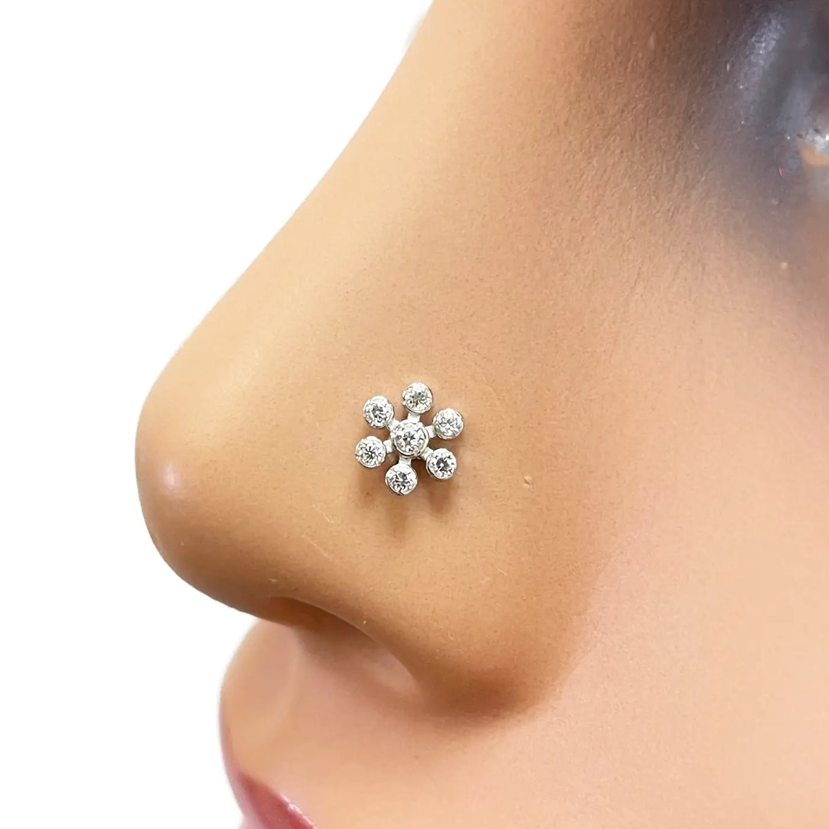 18ct White Gold Six Petal Flower Cubic Zirconia Bezel Nose Stud/Pin 5.4mm Length 