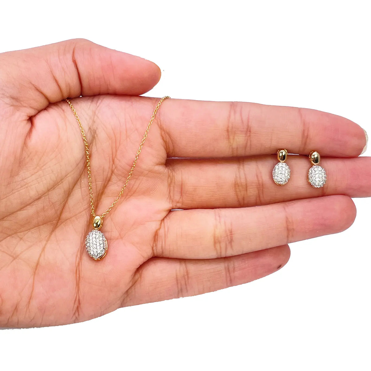 18ct Yellow Gold Diamond Oval Necklace Stud Earrings Matching Set 0.53ct 