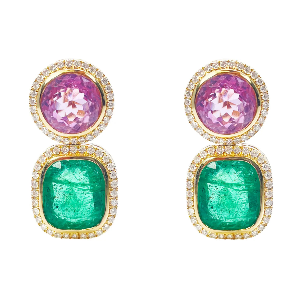 18ct Yellow Gold Emerald, Kunzite Rubover Set Halo Diamond Drop Earrings 17.76ct 