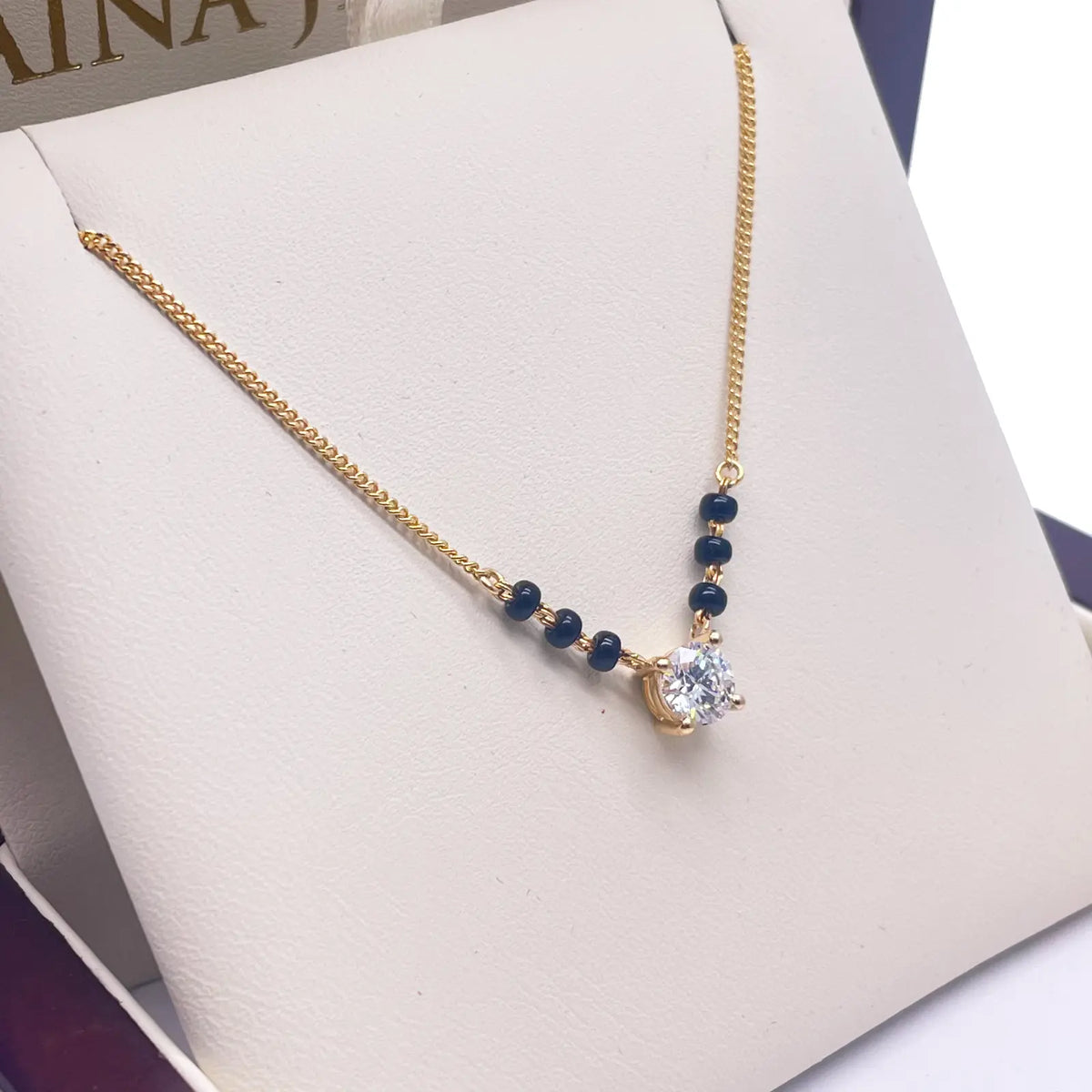 18ct Yellow Gold Lab Grown Diamond 0.70ct Black Beads Solitaire Mangalsutra Necklace  Mangalsutra Chains