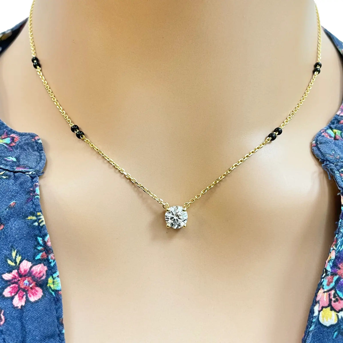18ct Yellow Gold Lab Grown Diamond 1.00ct Black Beads Mangalsutra Necklace IGI  Mangalsutra Chains